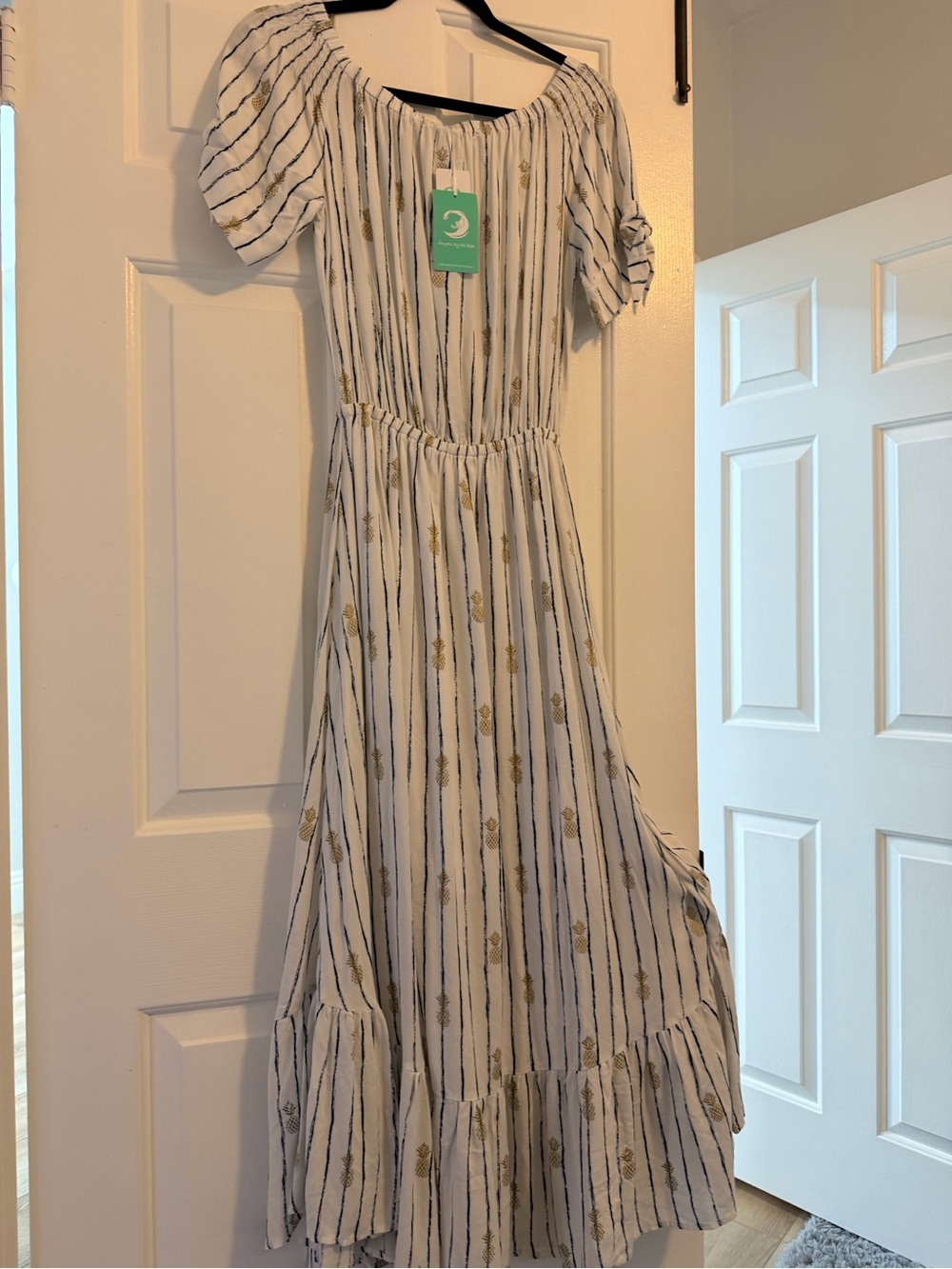 Striped Off-Shoulder Maxi Dress with Gold Pineapple Motif